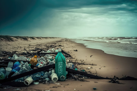beach covered in trash, with plastic bottles and other harmful waste visible, created with generative aiの素材