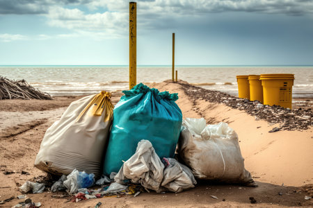 a beach with overflowing trash cans and plastic bags, toxic chemicals on the sand, created with generative aiの素材