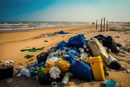 a beach with overflowing trash cans and plastic bags, toxic chemicals on the sand, created with generative aiの素材
