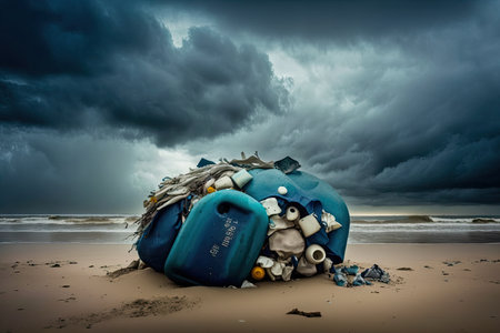 plastic and other harmful waste washed up on the beach during storm, created with generative aiの素材