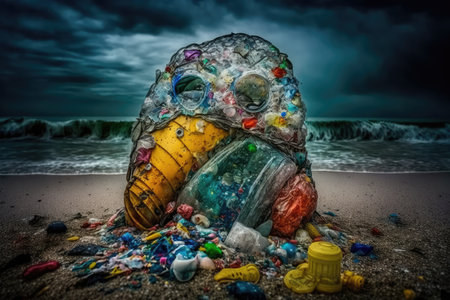 plastic and other harmful waste washed up on the beach during storm, created with generative aiの素材