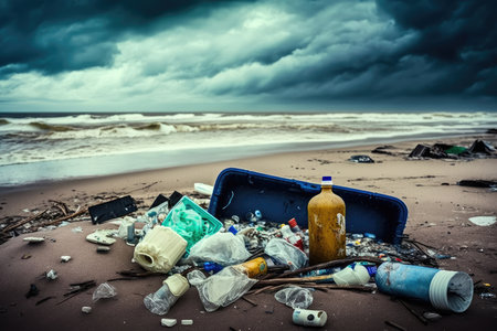 plastic and other harmful waste washed up on the beach during storm, created with generative aiの素材