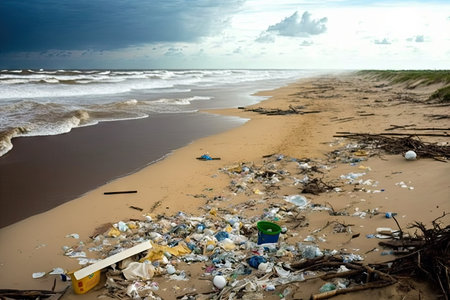 beach filled with plastic and other trash, with waves in the background, created with generative aiの素材