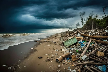 beaches contaminated with debris, broken glass and litter after natural disaster, created with generative aiの素材