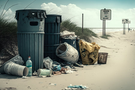 beach with overflowing trash cans and litter strewn about, created with generative aiの素材