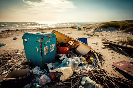 beach where trash and other harmful waste have been left by careless visitors, created with generative aiの素材