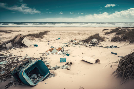 beach filled with trash and debris after natural disaster, created with generative aiの素材