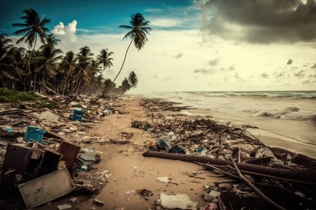 beach filled with trash and debris after natural disaster, created with generative aiの素材