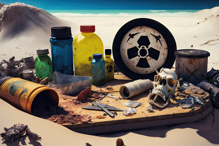 beach with items of hazardous waste strewn across the sand and water, created with generative aiの素材
