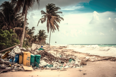 beach with overflowing garbage in the background of palm trees, created with generative aiの素材
