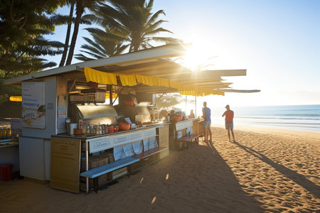 beachside eatery, serving up delicious breakfast in the morning sun, created with generative aiの素材