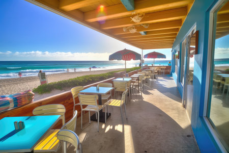 beachside eatery, with view of glistening ocean waves and sunlit skies, created with generative aiの素材