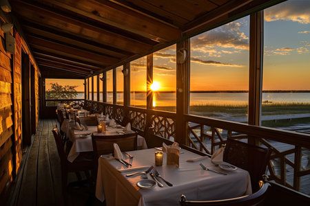 seashore restaurant with a view of the sun setting over the water, created with generative aiの素材