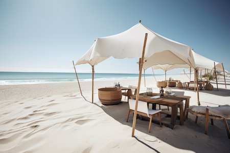 simple beachside eatery, with white linen tablecloths, and blue water in the background, created with generative aiの素材
