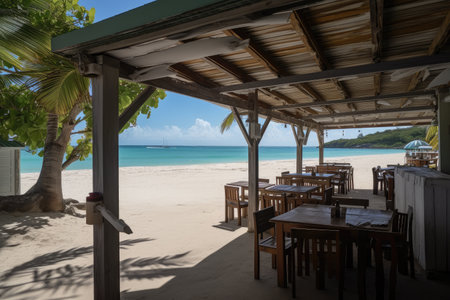simple beachside eatery, with white linen tablecloths, and blue water in the background, created with generative aiの素材