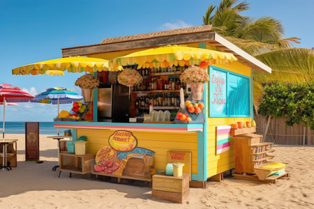 beachside snack shack, with variety of tasty treats and drinks to enjoy, created with generative aiの素材