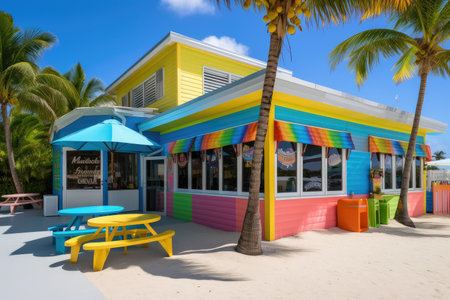 beachside eatery, with welcoming exterior and colorful outdoor seating, bringing the beach to customers, created with generative aiの素材