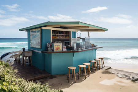 beachside eatery, with view of the ocean and waves crashing on shore, created with generative aiの素材