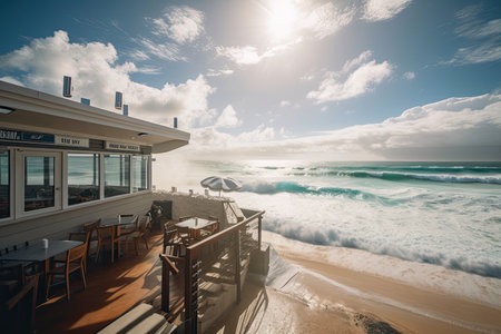 beachside eatery, with view of the ocean and waves crashing on shore, created with generative aiの素材