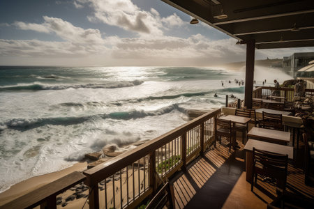 beachside eatery, with view of the ocean and waves crashing on shore, created with generative aiの素材