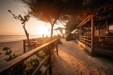 beachside eatery with view of sun setting over the ocean, providing a peaceful and calming atmosphere, created with generative aiの素材