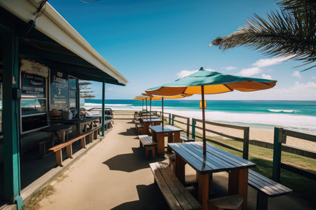 beachside cafe, with view of the ocean and fresh seafood on the menu, created with generative aiの素材