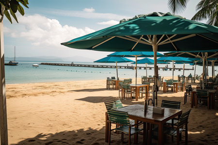 beachside coffee shop, with sun-dappled tables and umbrellas for shade, created with generative aiの素材