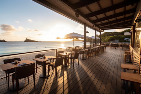 beachside restaurant with terrace, providing stunning views of the shoreline, created with generative aiの素材