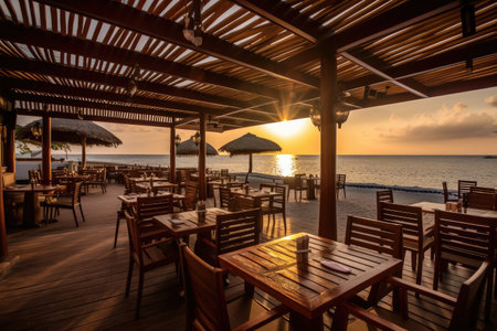 beachside restaurant with terrace, providing stunning views of the shoreline, created with generative aiの素材