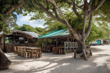 beacheside eatery, with menu of fresh seafood and tropical cocktails, created with generative aiの素材