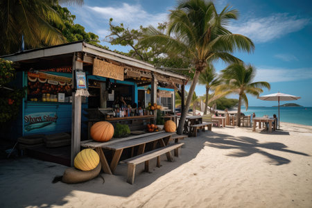 beacheside eatery, with menu of fresh seafood and tropical cocktails, created with generative aiの素材