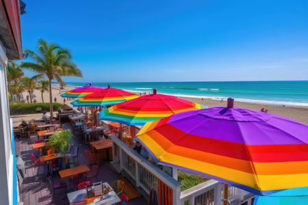 beachside restaurant, with row of colorful umbrellas overhead and view of the ocean in the distance, created with generative aiの素材