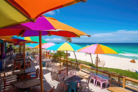 beachside restaurant, with row of colorful umbrellas overhead and view of the ocean in the distance, created with generative aiの素材