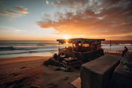 beachside eatery at sunset with view of the setting sun and waves rolling in, created with generative aiの素材