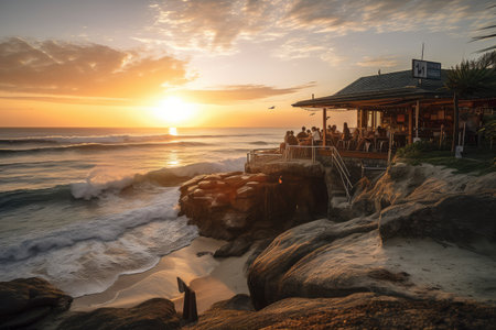beachside eatery at sunset with view of the setting sun and waves rolling in, created with generative aiの素材