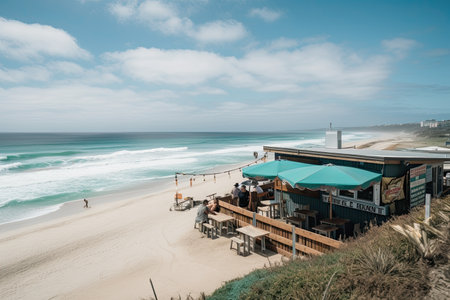 beachside eatery, with view of rolling waves and serene blue skies, created with generative aiの素材