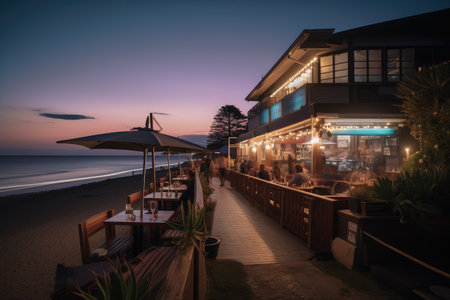 beachside eatery, serving fresh seafood and cocktails by the seaside, created with generative aiの素材