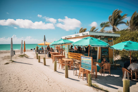 beachside eatery serving up fresh seafood and cocktails on a sunny day, created with generative aiの素材