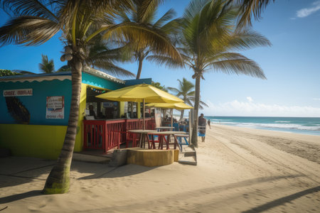 beachside cafe, with view of the ocean and distant beachgoers, serving fresh and flavorful seafood dishes, created with generative aiの素材