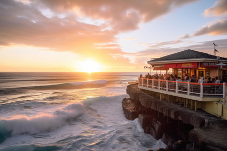 beachside eatery, with sun setting over the ocean, and waves rolling in, created with generative aiの素材