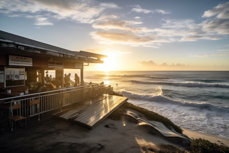 beachside eatery, with sun setting over the ocean, and waves rolling in, created with generative aiの素材