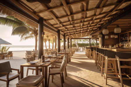 beachside restaurant with wooden tables and chairs, serving fresh seafood and cocktails, created with generative aiの素材