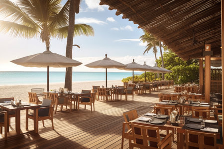 beachside restaurant with wooden tables and chairs, serving fresh seafood and cocktails, created with generative aiの素材