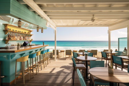beachside eatery, with view of the ocean and waves rolling in, offering fresh seafood and cocktails, created with generative aiの素材