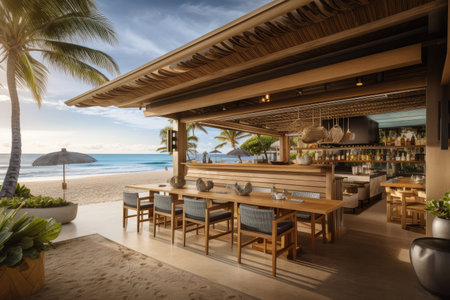 beachside eatery with open-air kitchen and view of the ocean, created with generative aiの素材