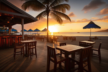 beachside eatery with view of sunset, showcasing a tranquil and peaceful scene, created with generative aiの素材