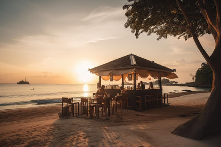 beachside eatery with view of sunset, showcasing a tranquil and peaceful scene, created with generative aiの素材
