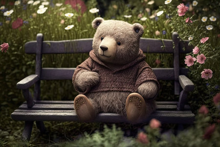 bear doll, sitting on bench in park surrounded by blooming flowers, created with generative aiの素材