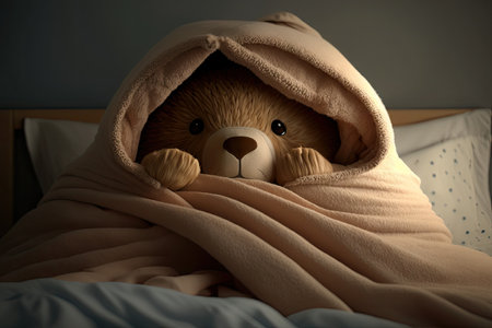 bear doll in a cozy bed, with its head and paws poking out from the sheets, created with generative aiの素材