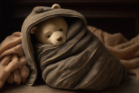 bear doll in a warm and cozy sleeping bag, ready for bedtime, created with generative aiの素材